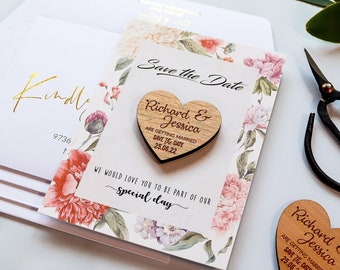 Wedding Save the Dates Magnet + Cards, Rustic Wooden Save the Date, Personalised Save the Evening, Wedding Invite with FREE Envelope, Floral