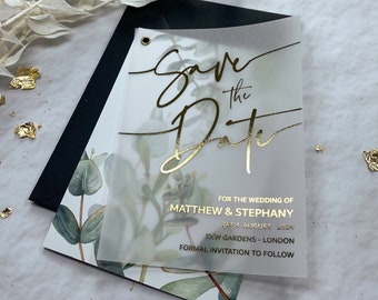 Foil Save the Date Vellum with Botanical Backing Card, Minimalist Save the Date Cards, Simple Foiled Wedding Invitation, FREE Envelopes