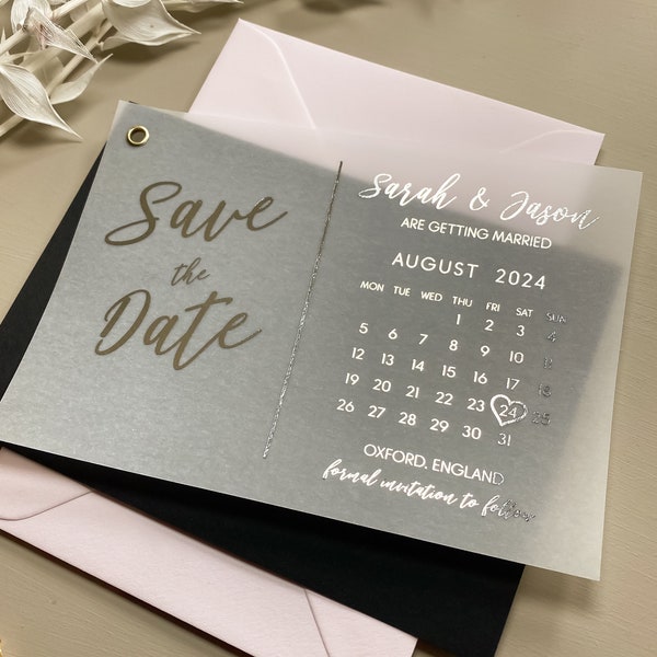 Calendar Save the Date Vellum with Black Backing Card, Silver Foil Minimalist Save the Date Cards, Simple Foiled Invitation, Wedding Invites