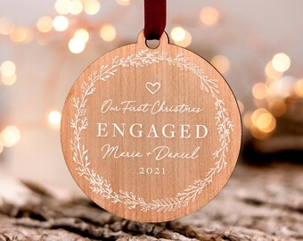 Our First Christmas Engaged Ornament 2021, 1st Married Christmas Bauble, Personalised Engagement Gifts, Gift for Couples, Christmas Wreath