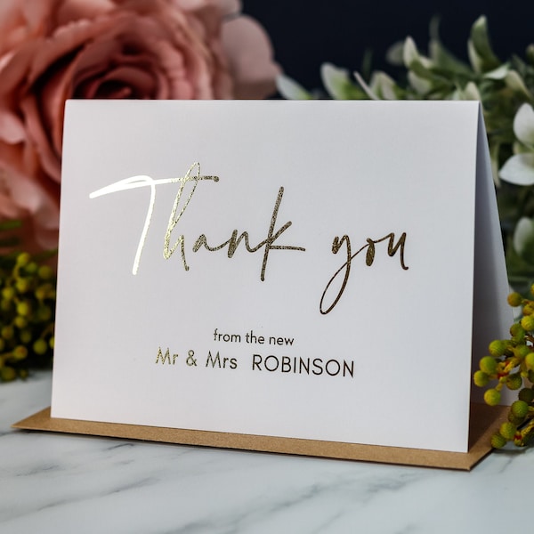Wedding Thank you Cards, GOLD FOIL Mr & Mrs, Wedding Note Card, Multi Pack Choice of Envelope, Custom Thank you Gift Cards, Bridesmaid Card