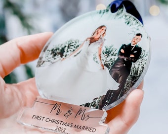 First Christmas Married Ornaments, Mr And Mrs Photo, Our First Christmas, Just Married Ornament, Wedding Couple Custom Gift, 2023 Decoration