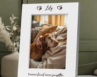 May include: A white rectangular picture frame with a vertical orientation. The top border features the name Lily flanked by two heart-shaped paw prints. The bottom border displays the text Forever loved, never forgotten in black script.
