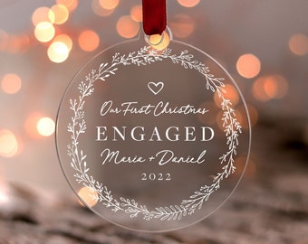 Our First Christmas Engaged Ornament, 1st Christmas Married Christmas Bauble, Custom Engagement Gifts, Gift for Couples, Christmas Wreath