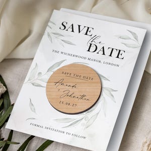Save the Dates-magneet met kaarten | Groene Save the Date-trouwmagneten | Botanisch hout: Save the Date of Evening | Rustieke lenteuitnodigingen
