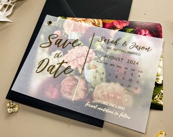 Vellum Save the Date Calendar with Floral Backing Card, Foil Minimalist Save the Date Cards, Simple Foiled Custom Wedding Invitation Invites