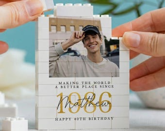 Personalised 40th Birthday Gift, Born In 1986 Photo Building Block Keepsake, Fortieth Milestone Memory