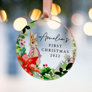 Baby Girl's First Christmas Decoration, Personalised Baby Christmas Bauble, Ornament Keepsake Gift, Baby's 1st Xmas Rabbit Decoration 2022
