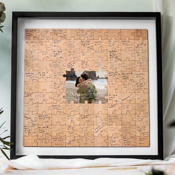 Livro de Assinaturas Alternativo para Casamento | Livro de Assinaturas em Forma de Quebra-Cabeça, Lembrança Personalizada para o Casal, Decoração Rústica para Casamento