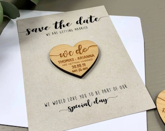 Save The Date Magnet with Cards - Personalised Save-the-Date Wedding Invitation Card Rustic Heart Summer - Wooden Save The Dates - Kraft