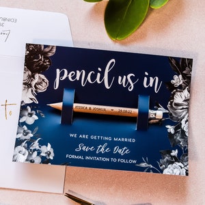 Save the Date Pencil Us In Cards, Rustic Wedding Invites, Wooden Engraved Pencils, Custom Unique Save Dates Ideas with Envelope, Floral Navy