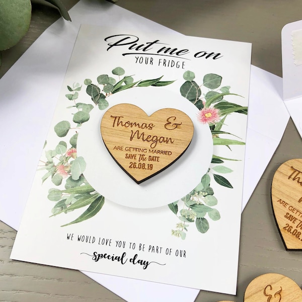 Save The Date Magnet with Cards, Personalised Wedding Invitation, Greenery Eucalyptus Boho Summer Fall, Wooden Save The Dates - Botanical