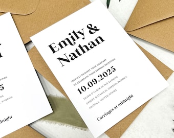 Suite de faire-part de mariage, réception en soirée | Invitations minimalistes élégantes modernes | Invitations pour le dîner de répétition | Pack mariage « Arizona »