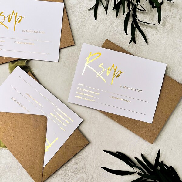 Elegant Foil RSVP Cards - Wedding Invitation Suite with Gold, Rose Gold and Silver Foil Option 'Dubai'