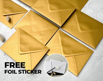 Metallic gouden enveloppen C6, 5x7 of C5, luxe gouden bruiloft uitnodigingen envelop, bewaar de data of RSVP A6 A5 enveloppen, gratis folie stickers