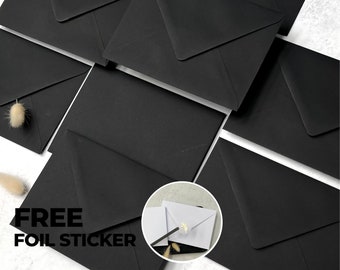 Pristine Black Envelopes C6, 5x7 or C5, Luxury Ebony Wedding Invitations Envelope, Jet Black Save the Dates A6 Envelopes, Free Foil Stickers