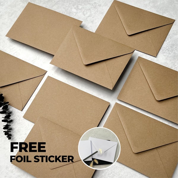 Recycled Eco Kraft C6, 5x7 or C5 Envelopes, Wedding Invitations Envelope, Natural Save the Dates or RSVP A6 Envelopes, Free Foil Stickers