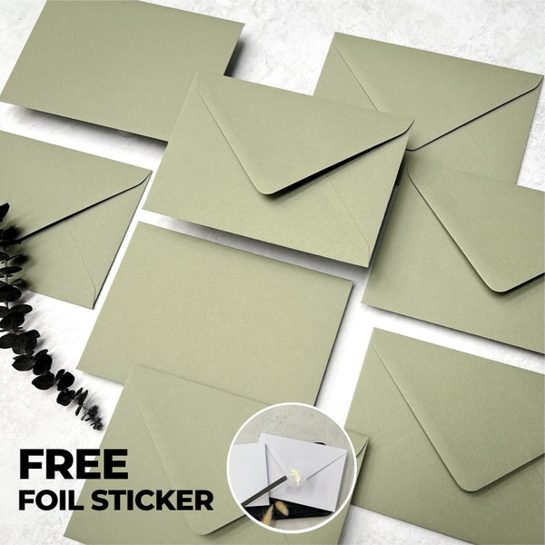 Sage Green Envelopes C6, 5x7 or C5, Luxury Olive Green Wedding Invitations Envelope, Khaki Save the Dates RSVP Envelopes, Free Foil Stickers