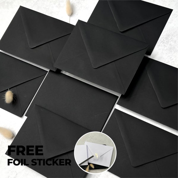 Pristine Black Envelopes C6, 5x7 or C5, Luxury Ebony Wedding Invitations Envelope, Jet Black Save the Dates A6 Envelopes, Free Foil Stickers