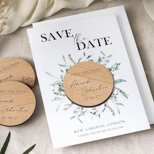 Imán para guardar la fecha con tarjetas / Imanes botánicos para bodas con vegetación / Imanes de madera para guardar la fecha o para la noche / Invitaciones personalizadas para guardar la fecha