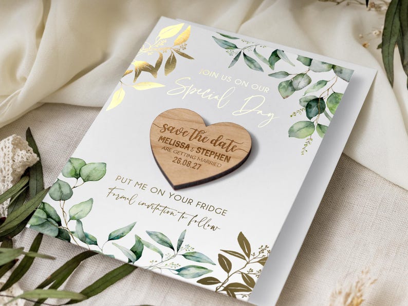 Save the Date Magnet Cards | Foil Wedding Invitations, Rustic Magnet Heart, Personalised Greenery Invites, Custom Floral Save the Dates image 5