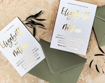 Faire-part de mariage en feuille d'or | Suite d'invitations de mariage en aluminium | Papeterie de mariage minimaliste personnalisée | Ensemble de faire-part moderne « Bali »