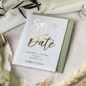 Biglietti Save the Date / Biglietti Save the Date in Vellum Gold Foil / Inviti di nozze minimalisti in Vellum / Suite di inviti moderni "Bali"