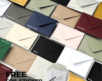 Luxury Envelopes C6, 5x7 or C5 in 12 Different Colours, Wedding Invitations Invites, Save the Dates RSVP Envelopes, Free Foil Stickers