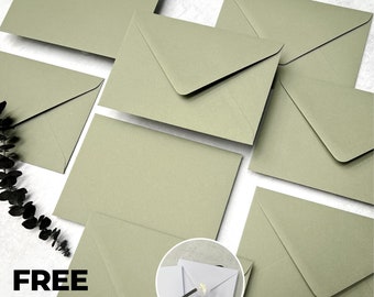 Sage green envelopes c6, 5x7 or c5, luxury olive green wedding invitations envelope, khaki save the dates rsvp envelopes, free foil stickers