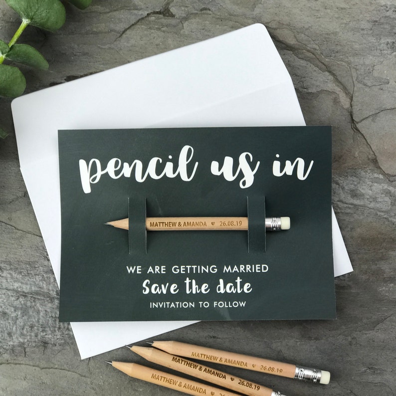 Pencil Us In Save the Dates Personalised Wedding Invitations Pencil + Chalk Card Gender-Neutral Wedding Cards and Invites