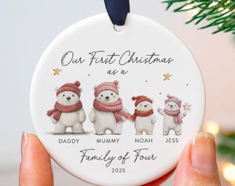 Personalised Polar Bear Family Of 4 Christmas Bauble 2026, First Christmas As A Family Of Four Ornament, Ceramic Tree Decoration
