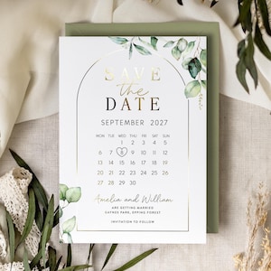 Botaniczna karta kalendarza Save the Date, zielone karty ślubne Save the Date, złote karty Save the Date, karty z ogłoszeniem o ślubie „Florencja”