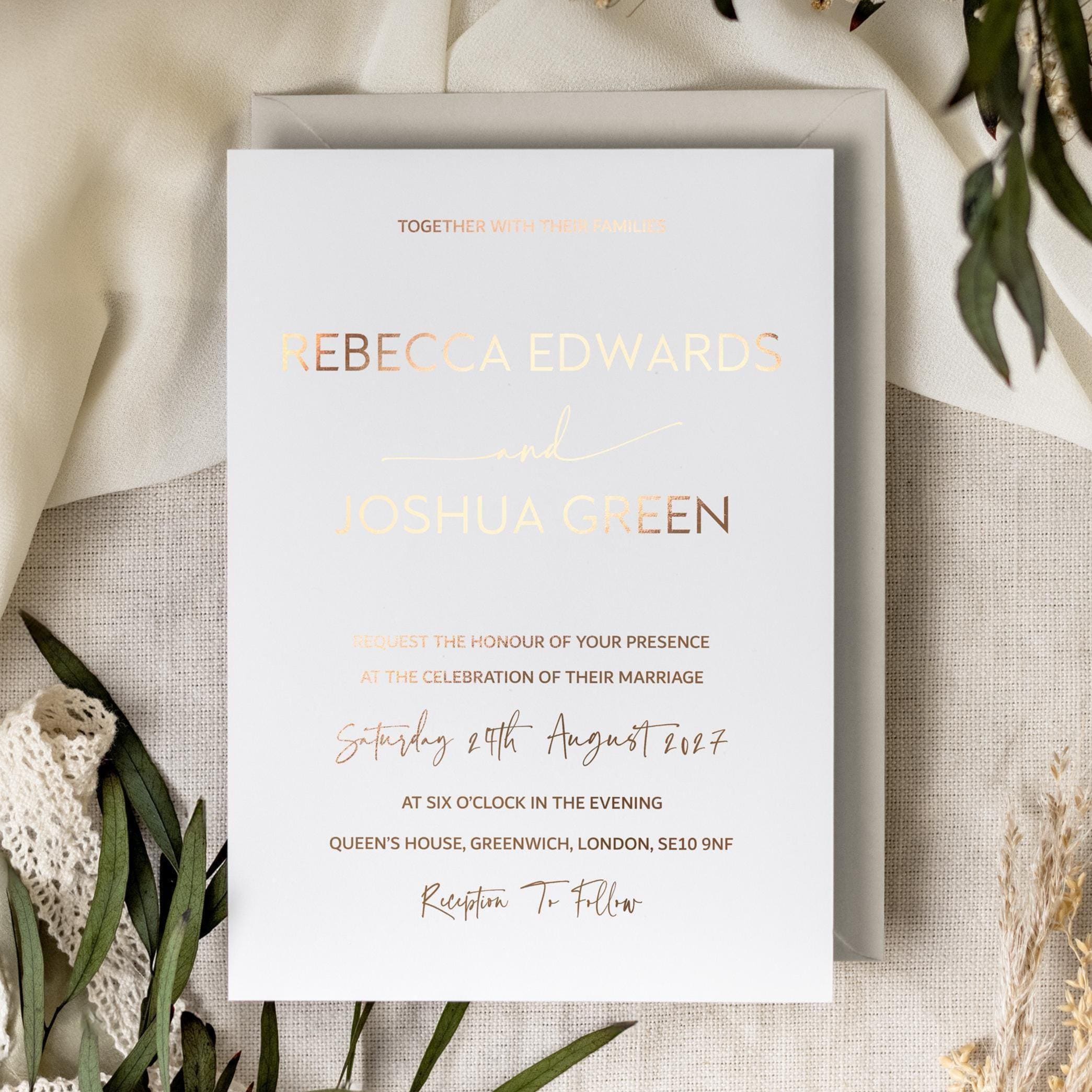 Foil Wedding Invitation, Wedding Invitations, Gold Invitation White Cards, Rose Gold Foil Wedding Invite, Minimalist Wedding Invites "Dubai"