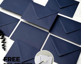 Buste blu notte C6 o C5, buste per inviti di nozze blu navy, buste blu scuro Save the Date o RSVP A6, adesivi in lamina gratuiti