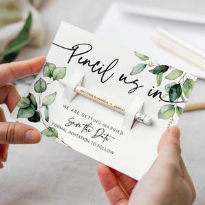 Save the Date Pencil Us In Cards, Rustic Wedding Invites, Wood Engraved Pencils, Custom Save Dates Idea with FREE Envelope - Blush Pink