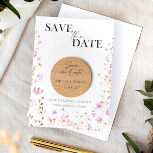Save the Date Magnet mit Karten | Wildblumen Blumenhochzeits-Magnete | Rustikales Holz Save the Date oder Abend | Moderne Save the Dates Einladungskarte