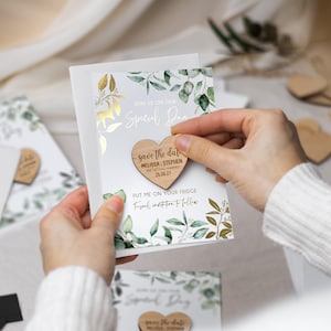 Save the Date Magnet with Cards, Foiled Unique Minimalist Wedding Invitations, Greenery Botanical Invites with Gold Leaf, Rustic Wooden image 2
