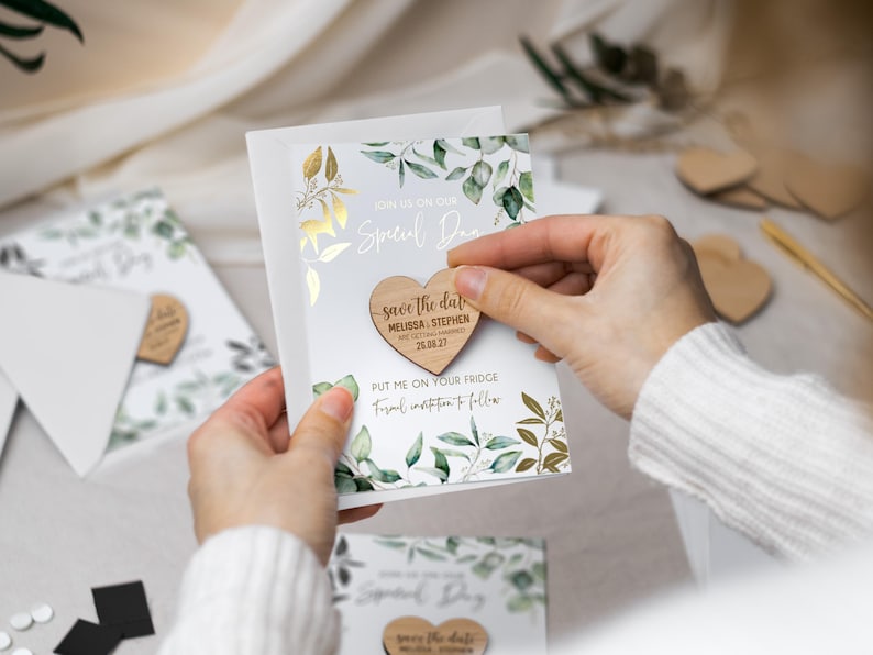 Save the Date Magnet with Cards, Foiled Unique Minimalist Wedding Invitations, Greenery Botanical Invites with Gold Leaf, Rustic Wooden image 2