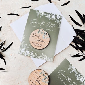 Save the Date Magnet with Cards Sage Green Save the Date Wedding Magnets Personalised Wood Save the Date or Evening Botanical Invites image 8