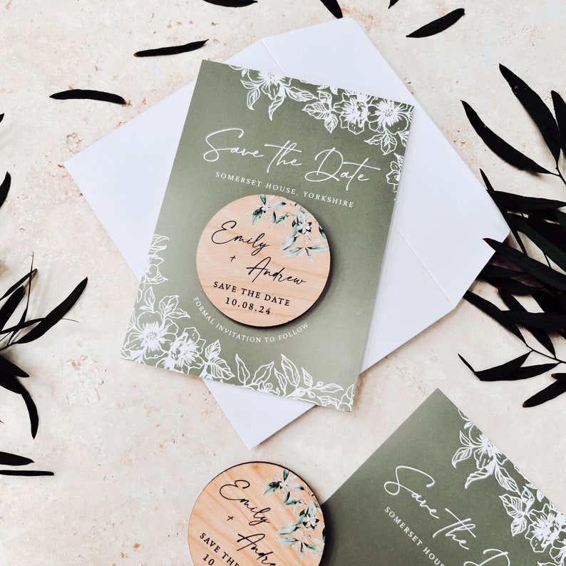 Save the Date Magnet with Cards Sage Green Save the Date Wedding Magnets Personalised Wood Save the Date or Evening Botanical Invites image 8