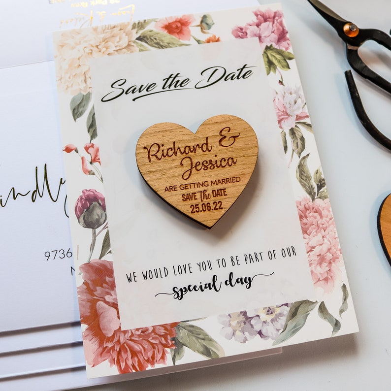 Wedding Save the Dates Magnet Cards, Rustic Wooden Save the Date, Personalised Save the Evening, Wedding Invite with FREE Envelope, Floral image 4