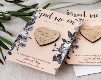 Personalized Wooden Heart Save The Date Magnet: Floral Wedding Invitation