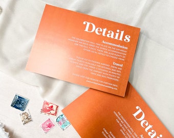 Insertion moderne de détails de mariage en terre cuite | Suite de faire-part de mariage orange minimaliste | Carte d'information sur la réception de mariage « Arizona »