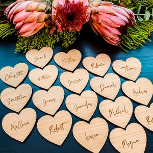 Wedding Place Names, Wood Place Cards, Wooden Place Setting, Wedding Favour, Wedding Table Decor, Laser Cut Heart with Guest Names Engraved image 9