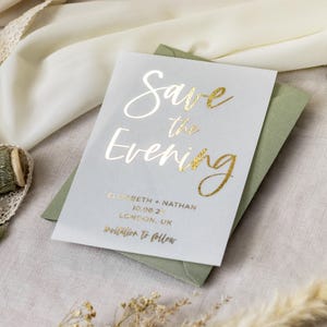 Sparen Sie die Abendkarten | Perlmutt Goldfolie Save the Date Karten | Minimalist Hochzeit Abend Abendessen lädt ein | Moderne Einladungssuiten ""Bali"""