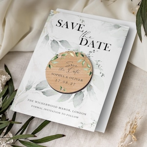 Save the Date-magneet met kaarten | Groene Save the Date-trouwmagneten | Houten Save the Date- of avonduitnodiging | Aangepaste rustieke uitnodigingen