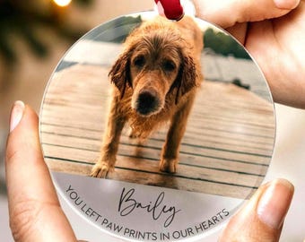 Dog Memorial Ornament Personalised Photo Bauble, Pet Loss Gift, Paw Prints In Our Hearts, Christmas Memorial Keepsake, Custom Pet Portrait