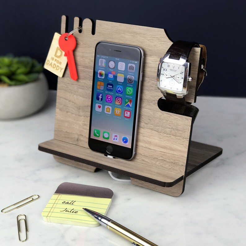 Docking Station - iPhone Stand and Organizer – Wooden Walnut Mobile Phone Night Stand – Christmas Gift for Men’s, Dad, Boyfriend, office 