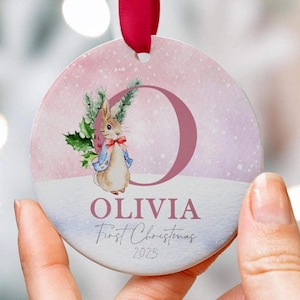 Personalised Baby First Christmas Bunny Bauble, Baby Initial Christmas Ornament, Newborn Baby Gift, Christmas Tree Keepsake For A Child