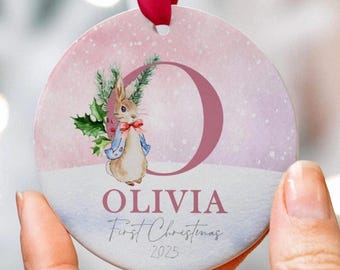 Personalised Baby First Christmas Bunny Bauble, Baby Initial Christmas Ornament, Newborn Baby Gift, Christmas Tree Keepsake For A Child